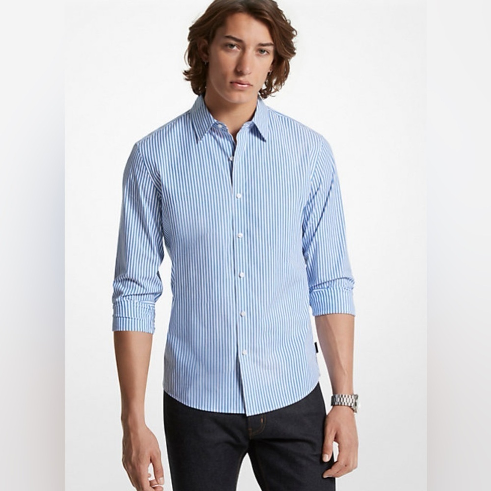 New Michael Kors Dress Shirt Blue Striped Long Sleeve Regular Fit Size 34/35